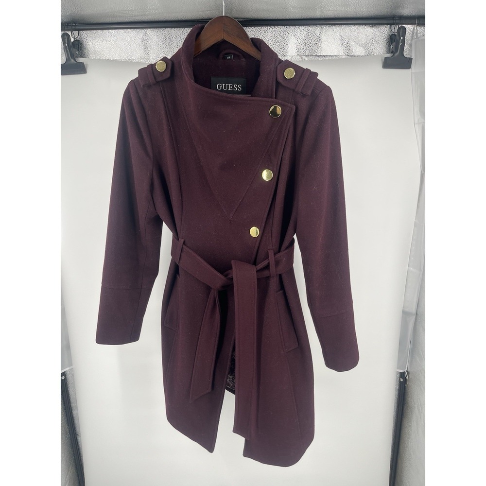 GUESS Asymmetrical Belted Wool Blend Trench Coat Port Burgundy Large L Floral